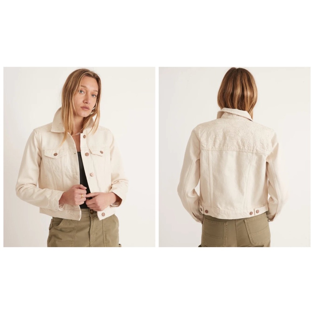 Marine Layer Embroidered Denim Jacket Women’s Bird Floral Cream Ecru Medium